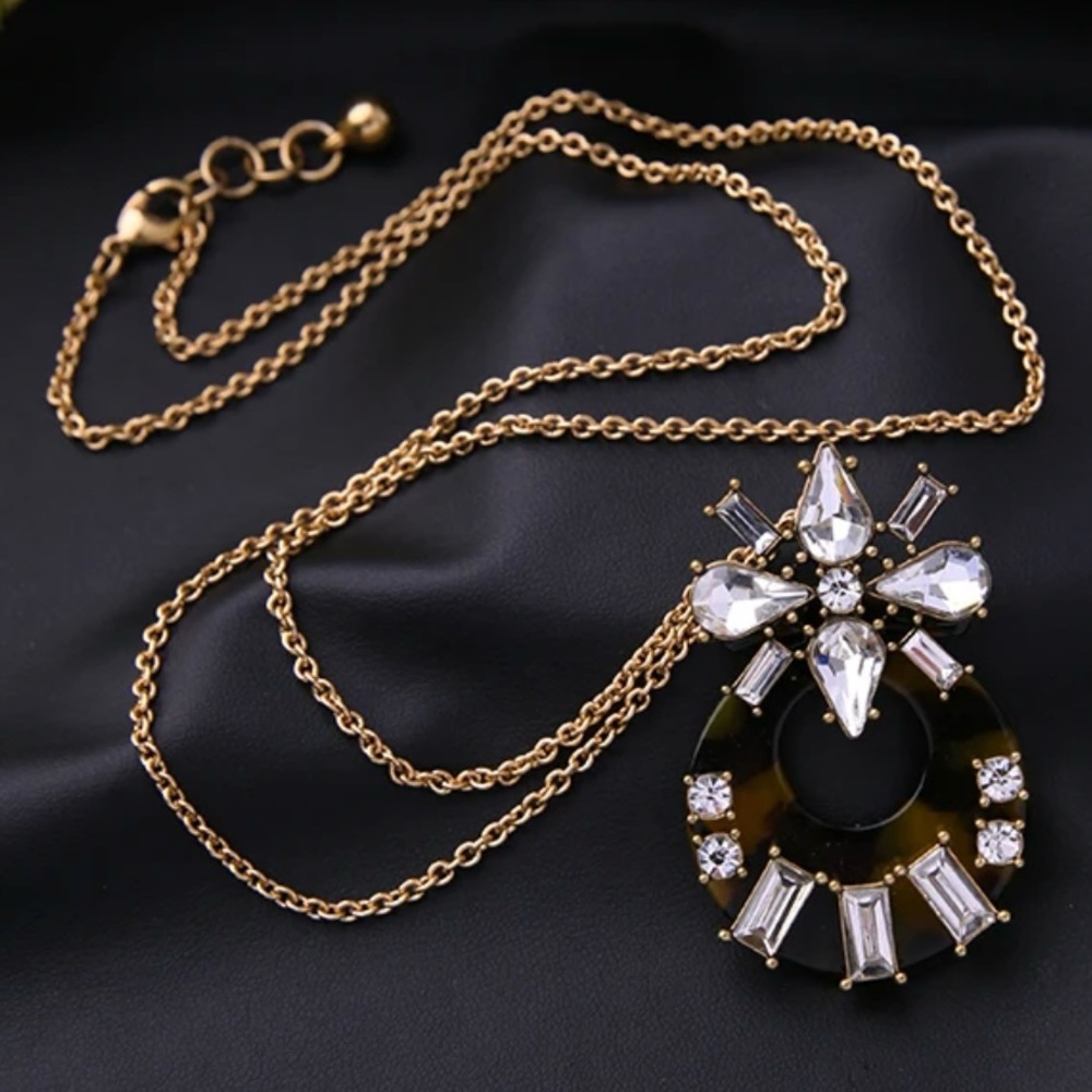 Tortoise Shell Rhinestone Pendant Statement Neckl… - image 2